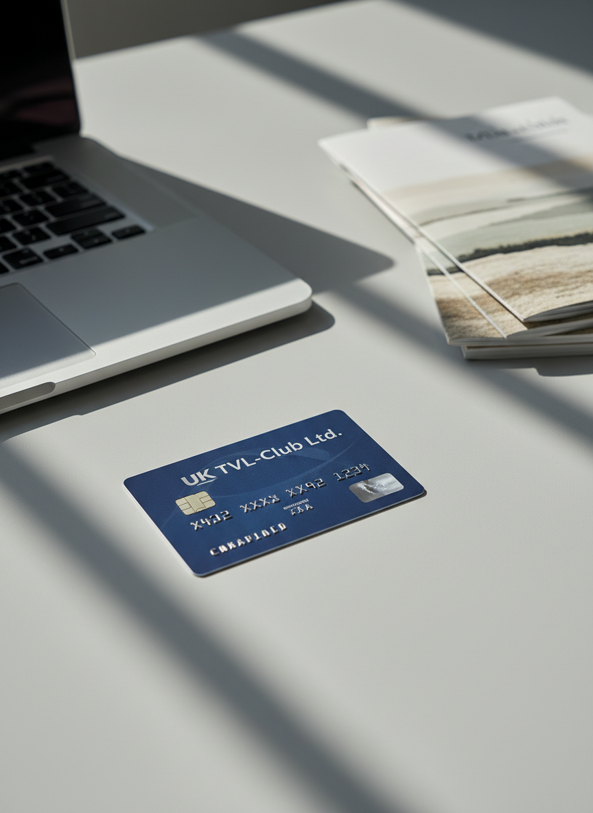 A sleek navy-blue prepaid travel card with subtle metallic embossing of the UK TVL-Club Ltd. logo lies on a clean, light grey desk surface beside a closed silver laptop and a neatly stacked set of neutral-toned travel brochures. The surface is uncluttered, with crisp geometric shadows cast by soft, diffused daylight from an unseen office window. The card’s numbers and chip catch gentle highlights, emphasizing precision and security. Photographed at an eye-level angle with a shallow depth of field, the card is in sharp focus while the background elements blur slightly. The mood is professional, orderly, and corporate, with a photographic realism and a balanced, minimalist composition that communicates reliability and structured financial planning for travel.