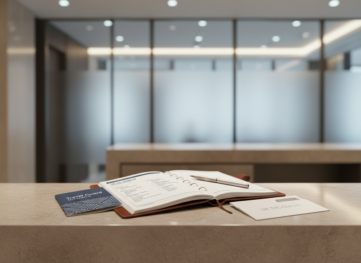 A polished hotel reception counter surface in neutral beige stone holds an open leather-bound planner showing a neatly printed travel itinerary, alongside a keycard envelope subtly branded with UK TVL-Club Ltd. Nearby, a small, minimalistic travel insurance booklet rests partially under the planner, its cover in muted navy and white. The background reveals a softly blurred, modern lobby with clean architectural lines and cool-toned lighting, avoiding any visible people. Gentle, warm overhead lighting creates soft reflections on the stone and leather textures. Photographed at desk height with a shallow depth of field, the composition centers the planner and documents, conveying organized booking support and coordinated travel services in a refined, corporate aesthetic.
