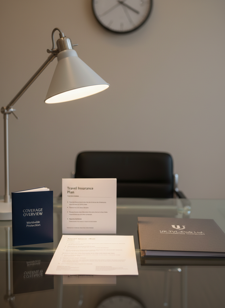 An elegant, glass-topped office table hosts a carefully arranged set of travel insurance documents: a concise policy summary, a small navy booklet titled "Coverage Overview", and a discreet UK TVL-Club Ltd. branded folder. A simple metal desk lamp with a white shade casts soft, focused light across the papers, leaving the background in mild shadow to emphasize the documents. A blurred, neutral-toned office wall and a minimalist clock provide subtle context without distraction. Photographed at an oblique angle with moderate depth of field, text lines and edges are clear while background details soften. The mood is calm, precise, and corporate, suggesting clear, coordinated insurance support and risk management for travelers.