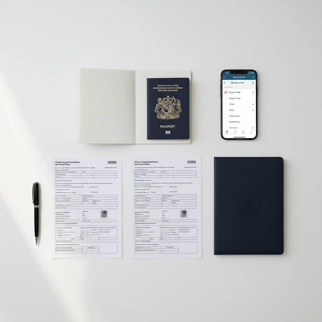 An organized, flat-lay arrangement of travel visa documents neatly aligned on a smooth white desk: a blank passport, printed visa application forms, a black metal pen, and a slim, closed folder embossed with a subtle UK TVL-Club Ltd. mark. A smartphone displaying a clean visa checklist interface rests to the side. Soft overcast daylight from the left creates gentle, even illumination with minimal shadows, highlighting crisp paper edges and fine text without glare. The composition follows a precise grid, photographed from a straight bird’s-eye view with sharp focus throughout. The aesthetic is modern and corporate, with neutral whites, greys, and muted blues conveying clarity, organization, and trustworthy documentation support services.