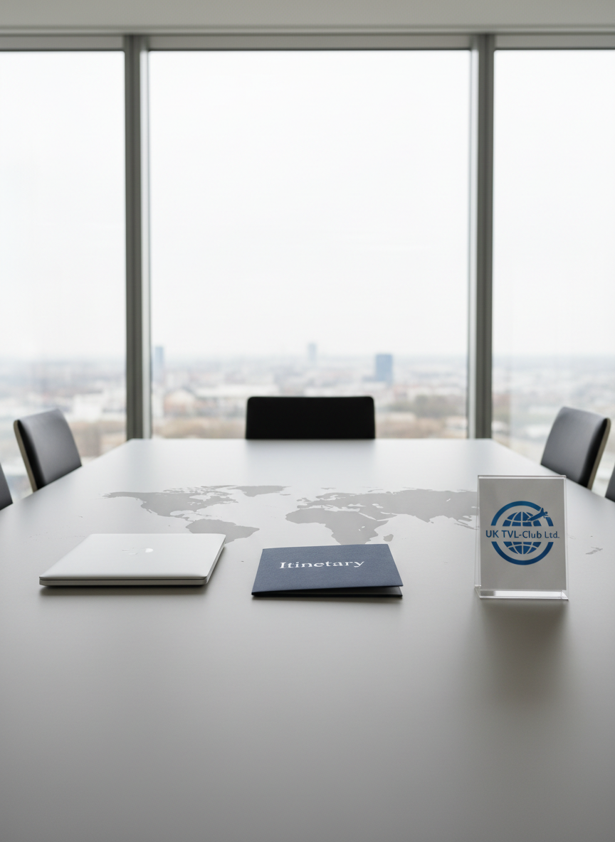 A contemporary corporate meeting table in a minimalist office, featuring a large world map subtly printed on a matte, light grey surface. On the table rest a closed ultrabook, a slim navy travel folder labeled "Itinerary", and a small, upright acrylic stand displaying the UK TVL-Club Ltd. logo. In the background, floor-to-ceiling windows show a softly blurred skyline, keeping attention on the table. Neutral daylight floods the room, creating clean lines and soft reflections on the table’s surface. Captured from a slightly elevated angle with balanced composition, the image has photographic realism and a calm, professional mood, suggesting strategic travel planning and partnership-based services without visual clutter.